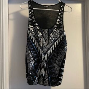 Express Black and Silver Geometric Sequin Tank Top